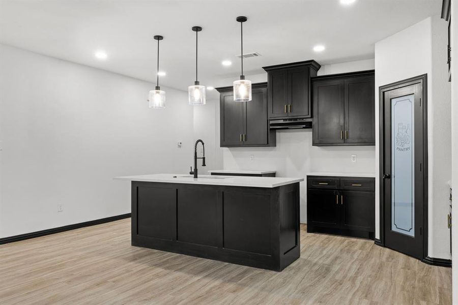 Kitchen with sink, hanging light fixtures, light hardwood / wood-style flooring, range hood, and a center island with sink