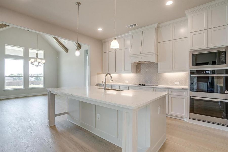 Kitchen with backsplash, light hardwood / wood-style flooring, sink, double oven, and built in microwave