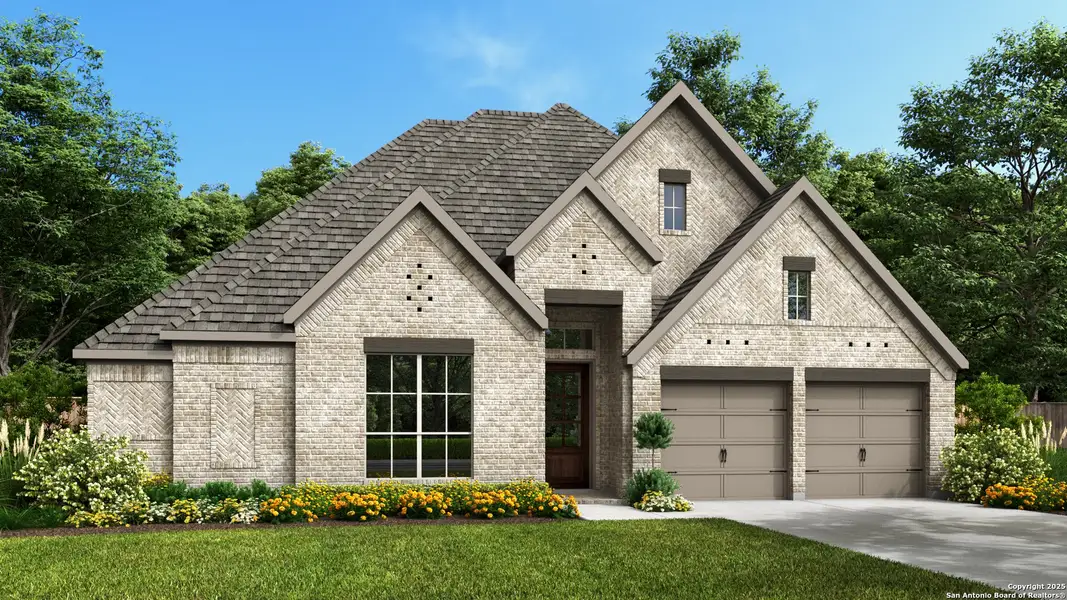 Front exterior of a new home in Windborne 100', Schertz, TX, highlighting curb appeal (Image 1).