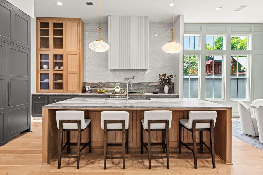 Kitchen features Thermador package with paneled refrigeration columns Kitchen features Thermador package with paneled refrigeration columns