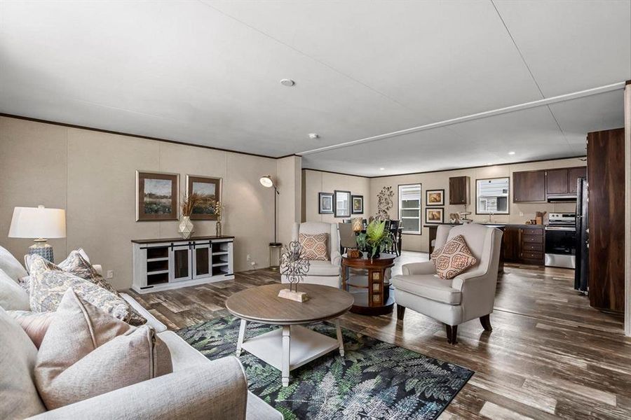 Living room with dark wood-style flooring