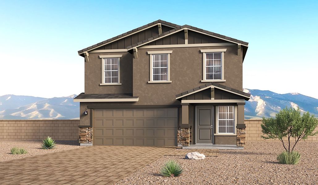 Front exterior of a new home in Entrada Del Toro at Rancho Sahuarita, Sahuarita, AZ, highlighting curb appeal (Image 1). Front exterior of a new home in Entrada Del Toro at Rancho Sahuarita, Sahuarita, AZ, highlighting curb appeal (Image 1).