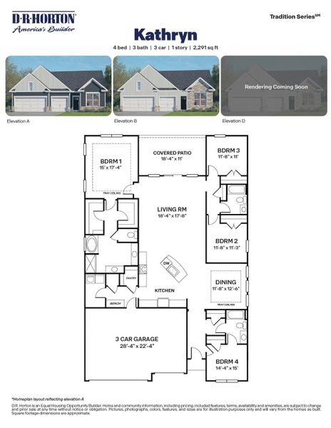 2D floor plan layout for the Kathryn by D.R. Horton in The Manors at Martin Farms, Aberdeen, NC (Image 3).