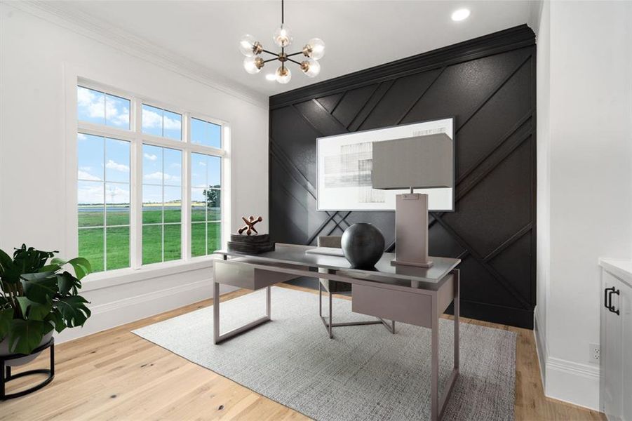 Office downstairs on the front of the home with another fabulous accent wall.