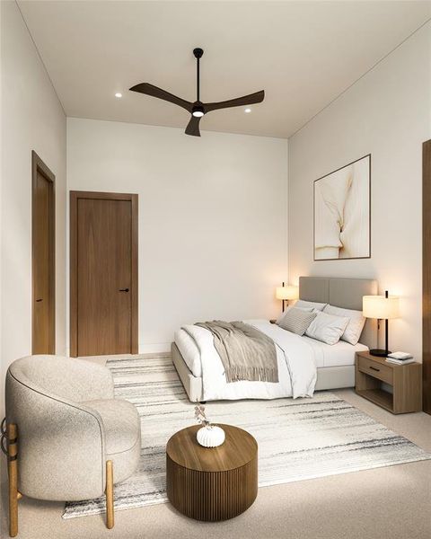 Spacious room featuring a ceiling fan, recessed lighting, two solid wood panel doors, and neutral carpeting