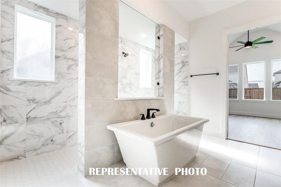 This fantastic owner's bath features our signature freestanding tub with walk through shower!  REPRESENTATIVE PHOTO