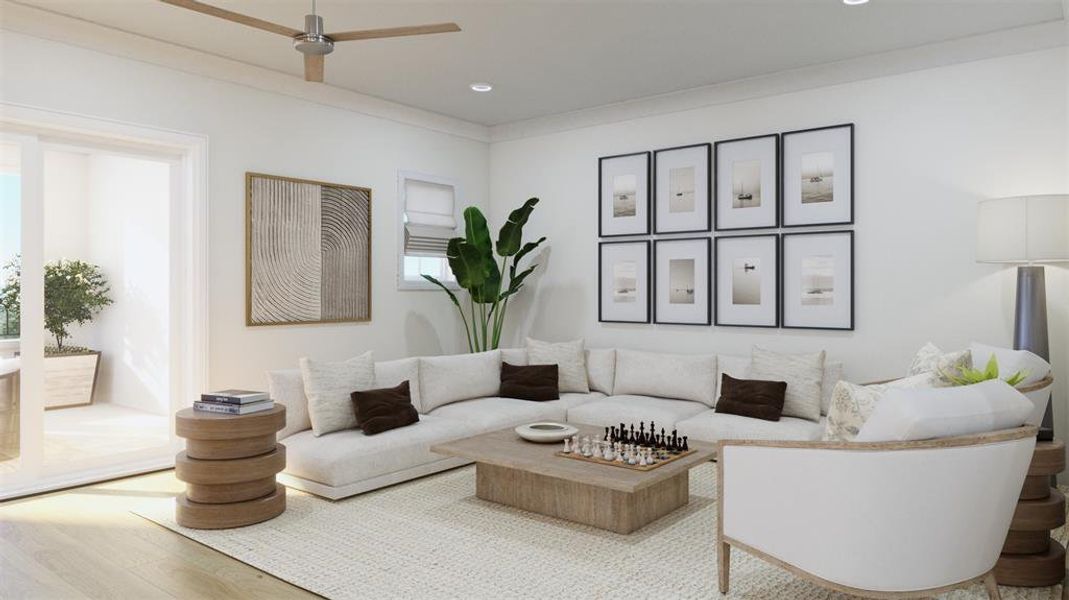 Living room with hardwood / wood-style floors and ceiling fan