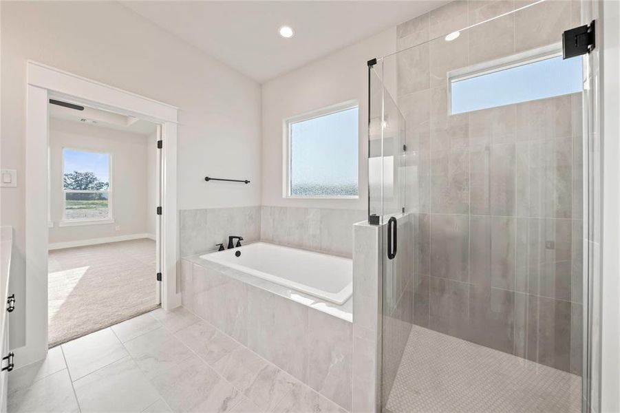 Full bathroom featuring plenty of natural light, a garden tub, and a shower stall Full bathroom featuring plenty of natural light, a garden tub, and a shower stall
