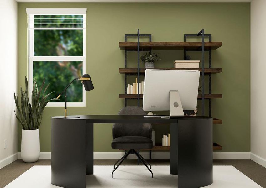 Rendering of office furnished with large desk and shelves on the wall.