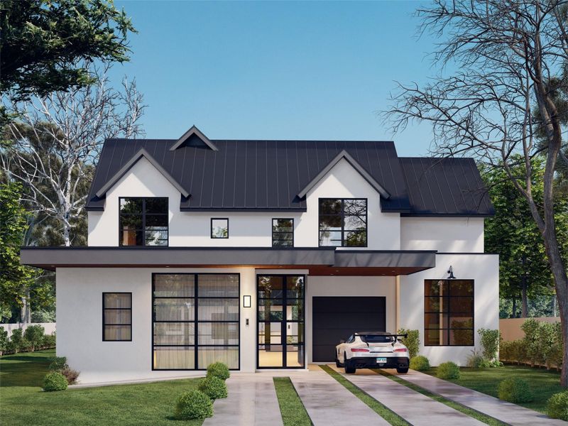 View of front of house with metal roof, a standing seam roof, a front yard, and stucco siding