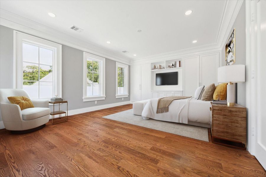 This spacious bedroom features large windows for natural light, hardwood floors, and elegant crown molding. It includes built-in shelving, wiring for a wall mounted tv and cozy seating, creating a comfortable and stylish retreat.  This bedroom also opens onto the 2nd floor balcony.  This photo has been virtually staged.