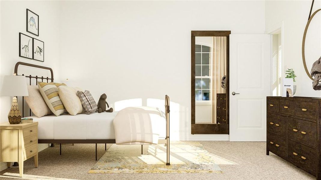 Bedroom featuring light colored carpet