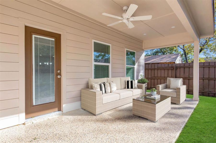 View of patio / terrace with ceiling fan and outdoor lounge area