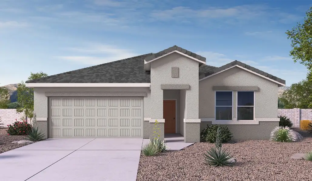 Front exterior of a new home in Hanson Ridge, Vail, AZ, highlighting curb appeal (Image 1). Front exterior of a new home in Hanson Ridge, Vail, AZ, highlighting curb appeal (Image 1).