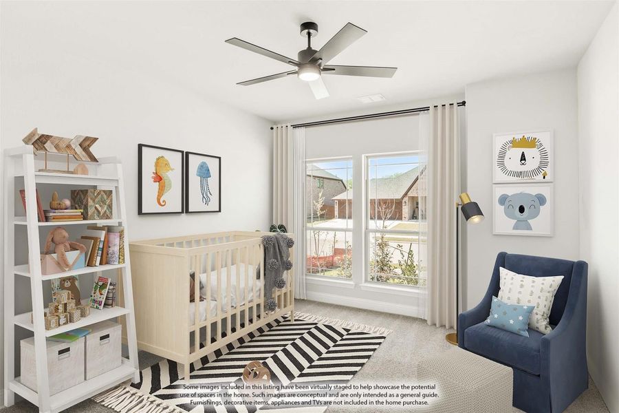 Nursery with wood crib, white bookshelf, ceiling fan, and blue accent chair on striped rug Nursery with wood crib, white bookshelf, ceiling fan, and blue accent chair on striped rug