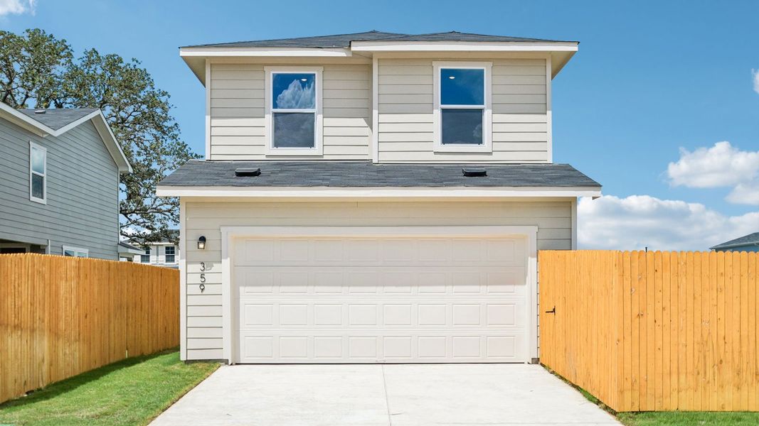 Front exterior of a new home in Valverde, Bastrop, TX, highlighting curb appeal (Image 21). Front exterior of a new home in Valverde, Bastrop, TX, highlighting curb appeal (Image 21).
