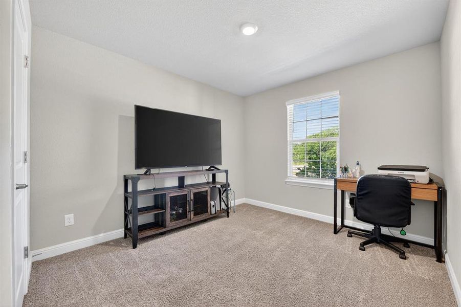 Carpeted room with light neutral wall paint and a single window featuring blinds