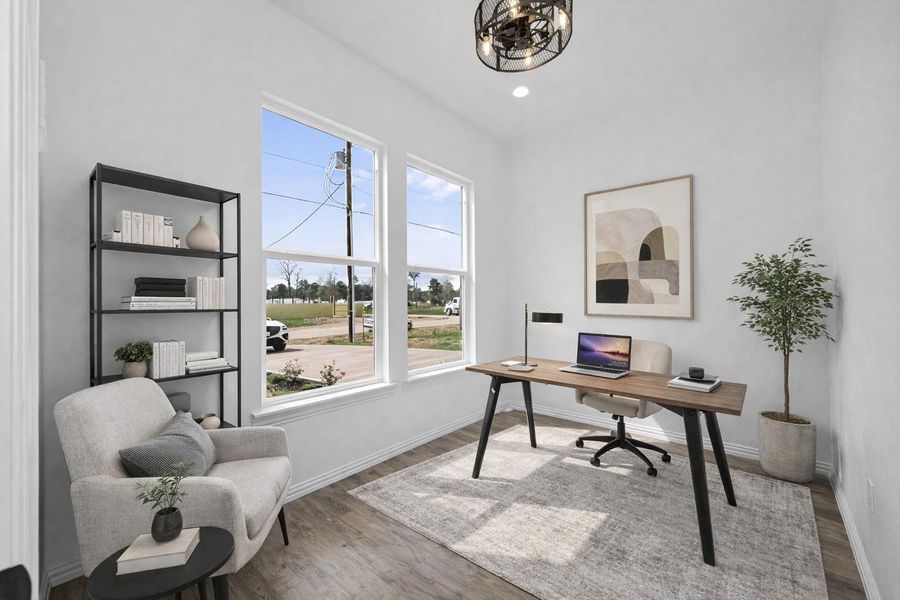 Dedicated office space perfect for working from home or a quiet study area. Virtually staged.