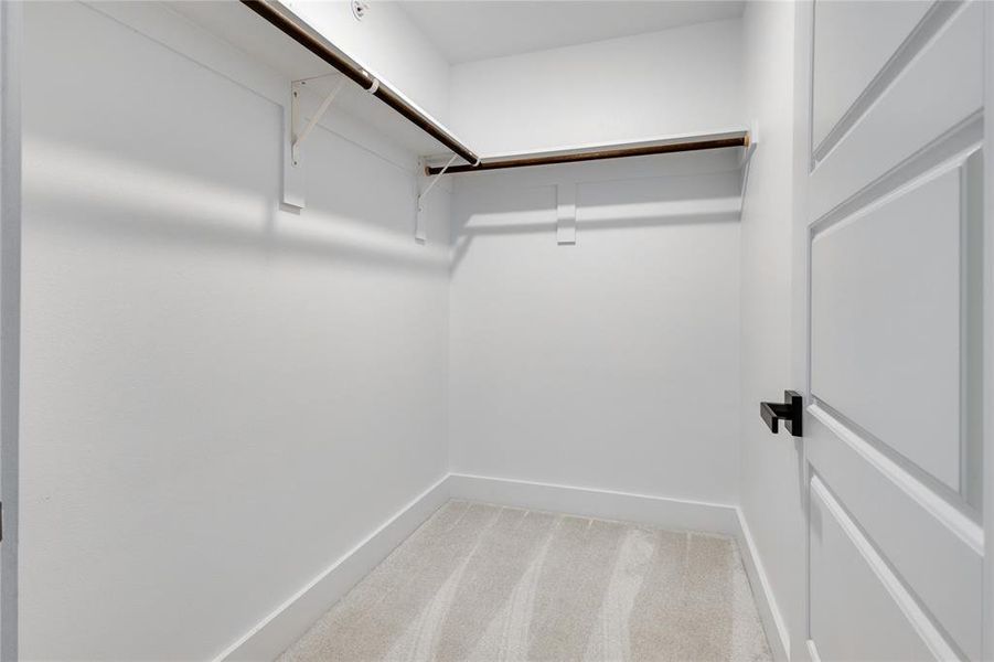 Spacious closet with light carpet