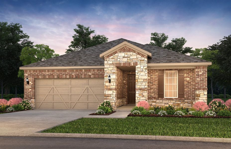 The Prosperity, a one-story home with 2-car garage, shown with Home Exterior LS204