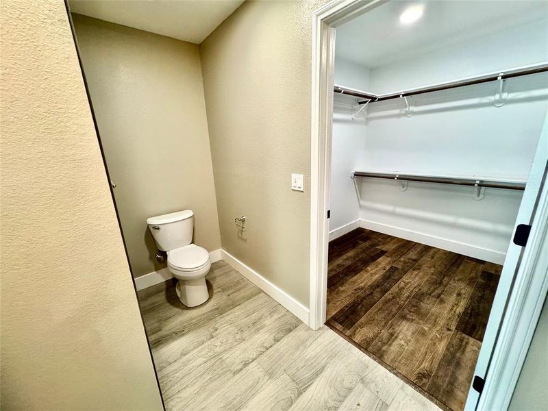 Bathroom with dark wood finished floors, a walk in closet, and a textured wall