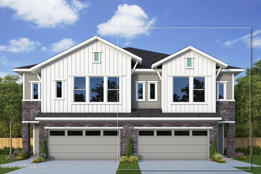 Front exterior of a new home in Kettering at eTown - Paired Villas, Jacksonville, FL, highlighting curb appeal (Image 1).