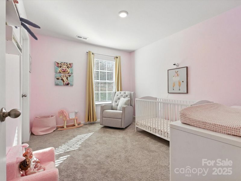 Well-appointed bedroom with soft accent wall and carpet flooring. Large window, ceiling fan, and neutral base colors create a comfortable and versatile living space.