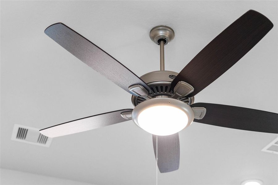 This contemporary ceiling fan features a brushed nickel finish and five dark wood blades, centered by an integrated LED light kit and a traditional pull chain for effortless control. The ceiling fan will make a room feel up to 4–8 degrees cooler and redistribute rising warm air in the winter.