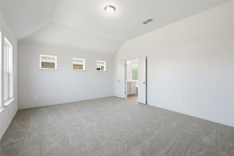 Empty room featuring light carpet and lofted ceiling