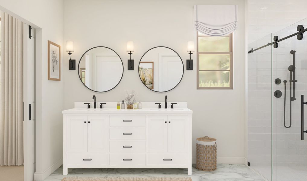 Primary bath with freestanding vanity and matte black fixtures