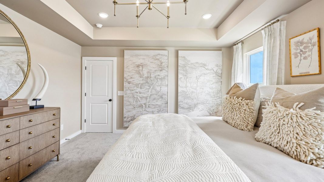 Primary suite with tray ceiling, windows, and carpet Primary suite with tray ceiling, windows, and carpet