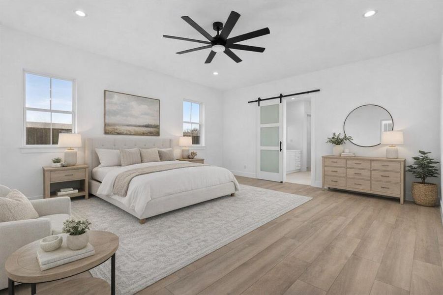 Retreat to this very relaxing primary suite! This room has been virtually staged and dimensions may be distorted.