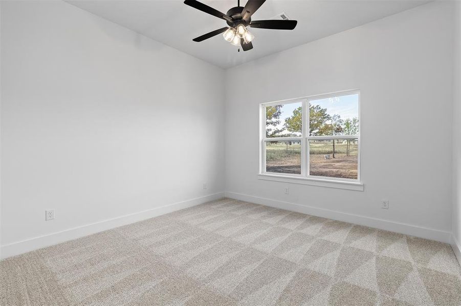 Carpeted spare room with ceiling fan