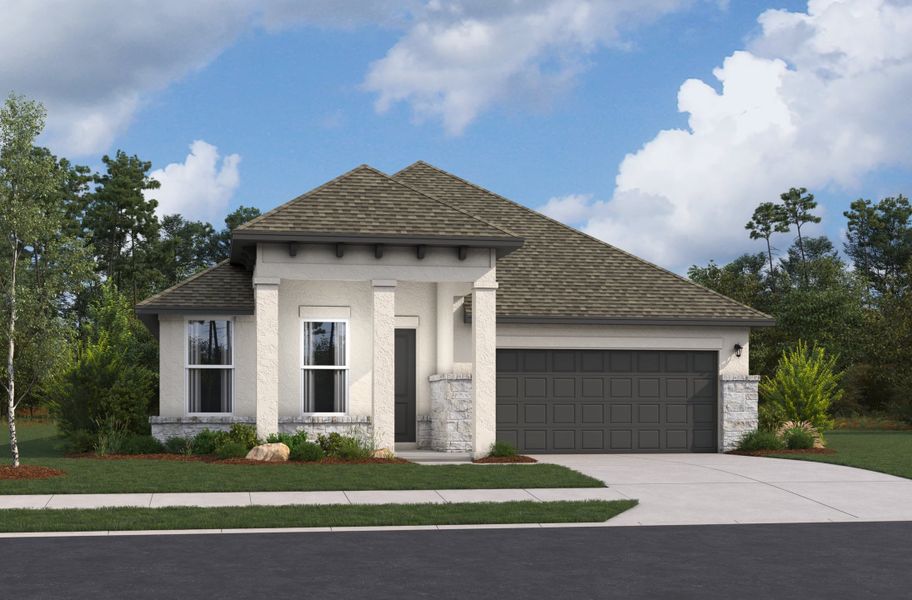 Front exterior of a new home in Parklands Estates, Schertz, TX, highlighting curb appeal (Image 1). Front exterior of a new home in Parklands Estates, Schertz, TX, highlighting curb appeal (Image 1).