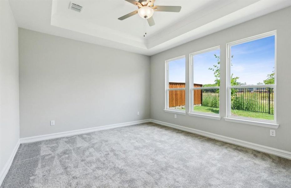 Elegant owner's suite with tray ceiling and large windows *real home pictured