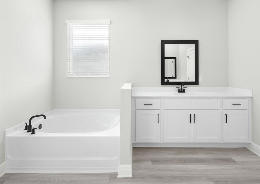The master bathroom features this stunning vanity and bath tub