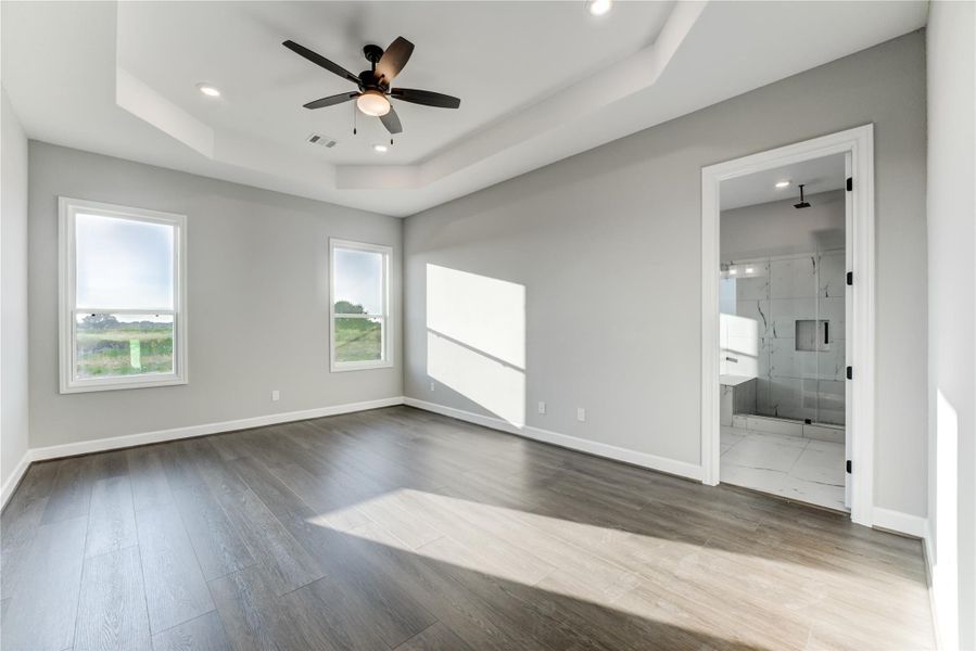 Spacious Master bedroom w/ coffee ceilings