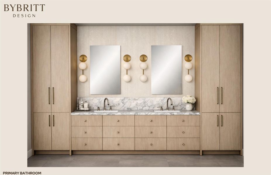 Double vanity with light wood-finish cabinetry, integrated sinks, and polished chrome faucets