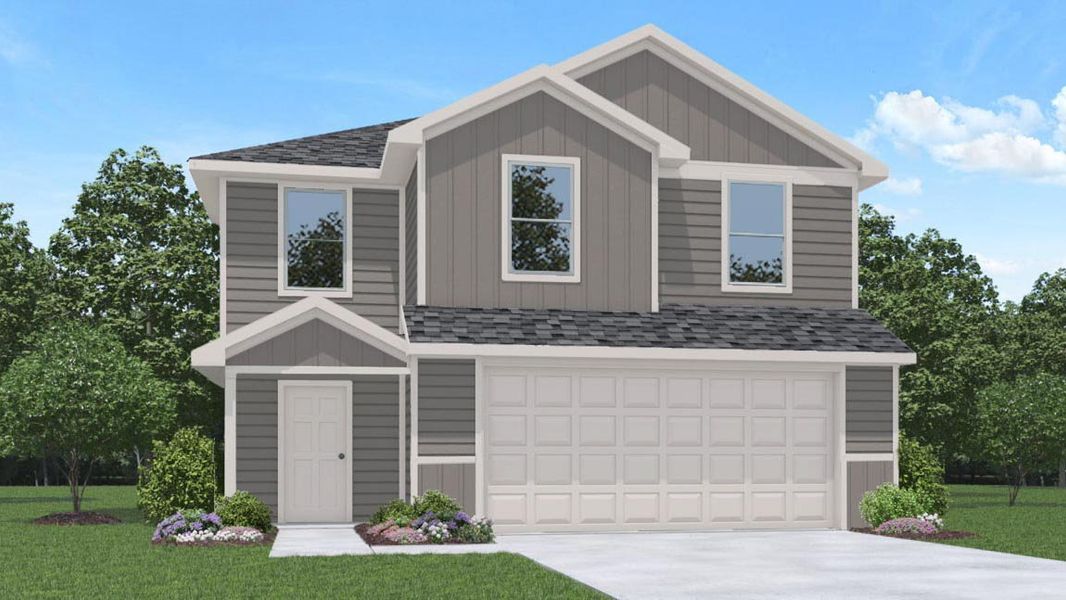 Front exterior of a new home in The Canopies, Splendora, TX, highlighting curb appeal (Image 1).
