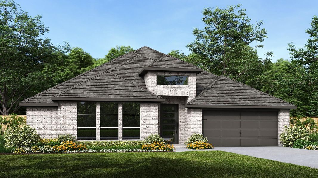 Front exterior of a new home in Audubon Park 60', Magnolia, TX, highlighting curb appeal (Image 1).