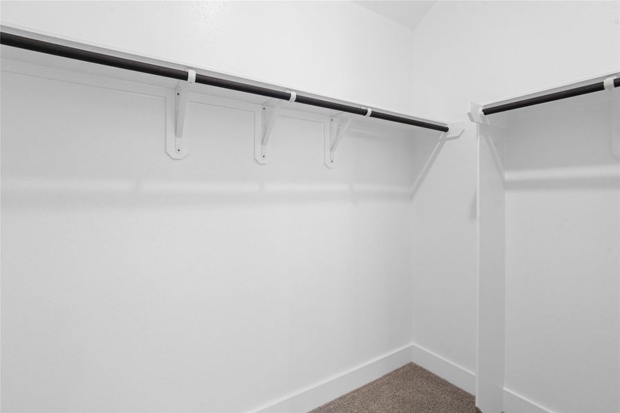 The primary suite features a generous walk-in closet equipped with functional hanging rods and shelving.