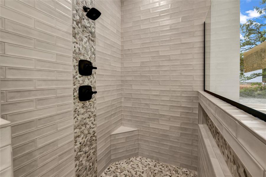 Bathroom with tiled shower Bathroom with tiled shower