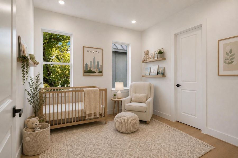 Secondary bedroom shown as a nursery with digitally added furnishings for illustration purposes.
