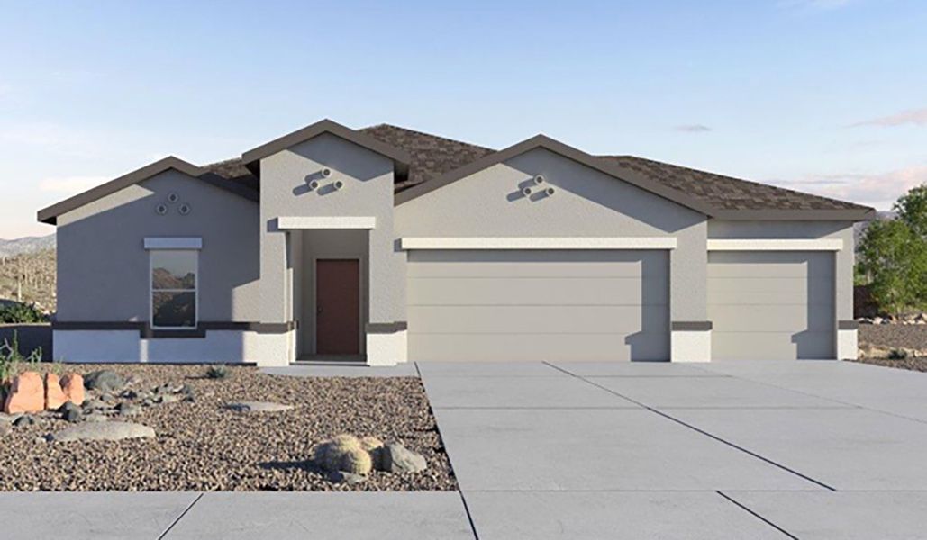 Front exterior of a new home in Sycamore Vista, Vail, AZ, highlighting curb appeal (Image 1).