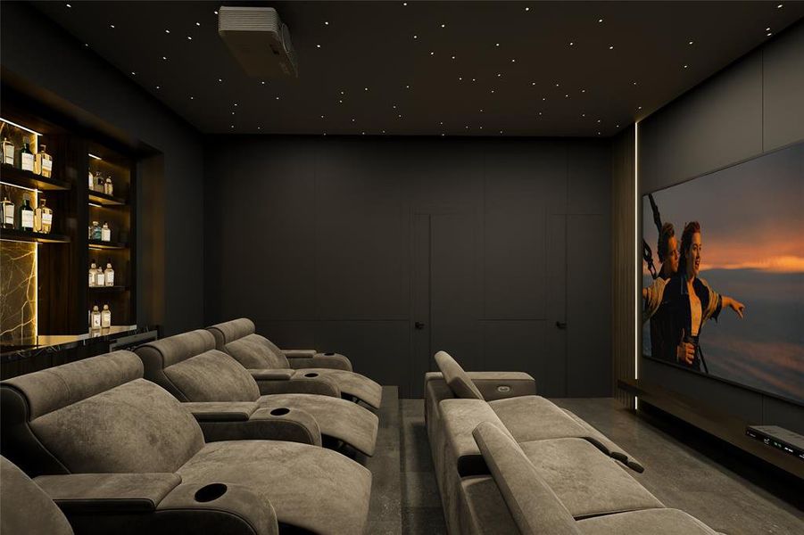Dedicated home theater featuring a large projection screen, ambient ceiling lighting, and multiple rows of upholstered seating