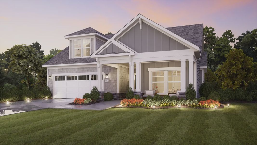 Representative exterior photo of a completed home built from the Portico by Epcon Communities in The Courtyards at Hodges Farm, Charlotte, NC (Image 1). Representative exterior photo of a completed home built from the Portico by Epcon Communities in The Courtyards at Hodges Farm, Charlotte, NC (Image 1).