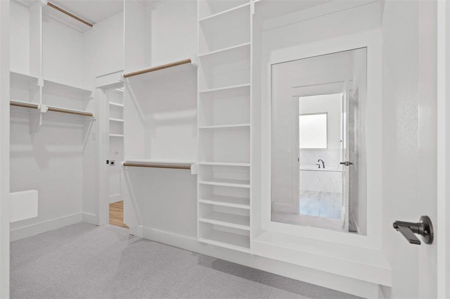 Spacious closet featuring light colored carpet