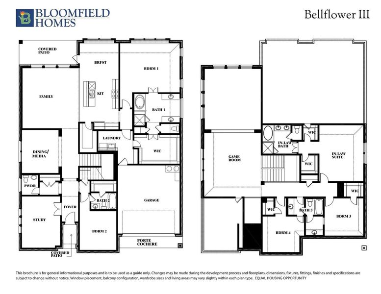 Bloomfield Homes Bellflower III two-story floor plan with four bedrooms, game room, study, and in-law suite across two floors.