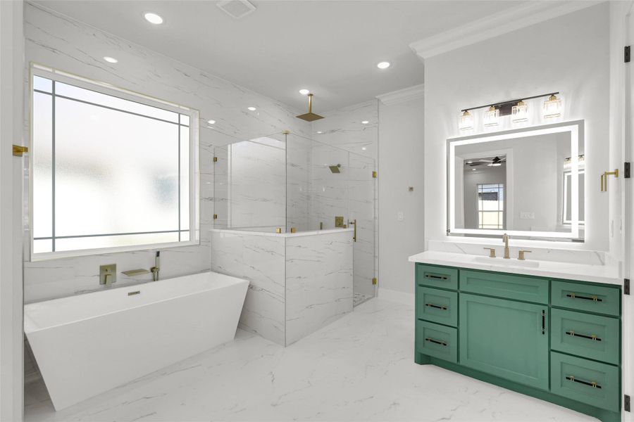 Spa-worthy ensuite featuring a soaking tub, dual vanities, and walk-in shower Spa-worthy ensuite featuring a soaking tub, dual vanities, and walk-in shower