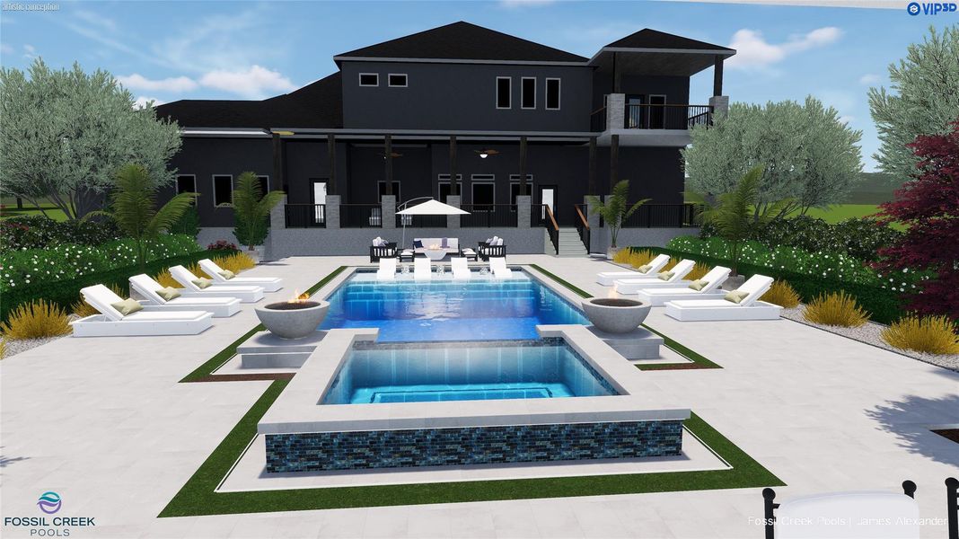 Expansive rear exterior featuring a multi-level pool with integrated spa, broad paved patio, and established landscaping